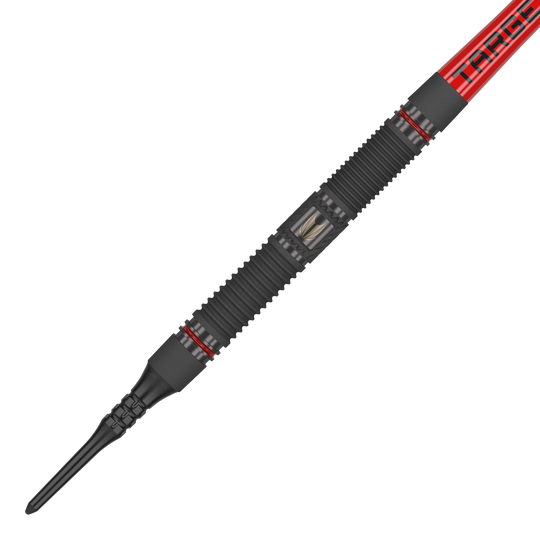 Target Scope 10 Soft Darts Das Bild zeigt einen Target Scope 10 Softdart mit einem schwarzen, geriffelten Griff und roten Akzenten. Der Dart hat eine rote Fliege mit der Aufschrift "TARGET".