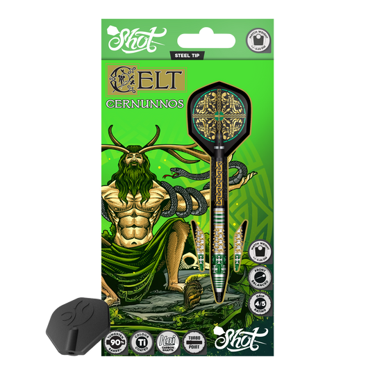 Shot Celt Cernunnos Turbo Point Steeldarts Dartpfeile mit ungewöhnlicher Schaftstruktur liegen nebeneinander. Das Bild zeigt sie aus seitlicher Perspektive.