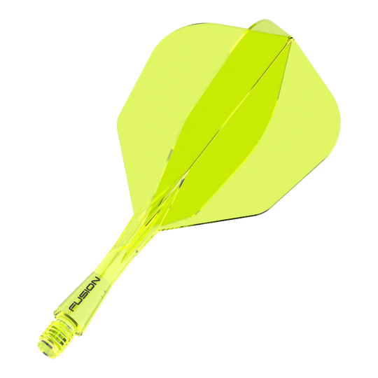Winmau Fusion Flight Shaft System No6 Neon Yellow Das Bild zeigt ein neon-gelbes Dartflight- und Shafts-System. Auf dem Schaft steht das Wort "FUSION".
