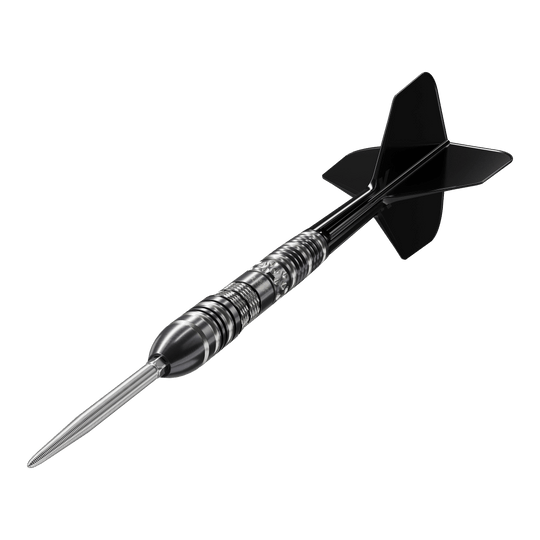 Target Black Marque Dragon 3 Swiss Point Steeldarts Das Bild zeigt einen Target Black Marque Dragon 3 Swiss Point Steeldart. Der Dart ist schwarz-silber und hat eine scharfe Stahlspitze sowie schwarze Flügel.