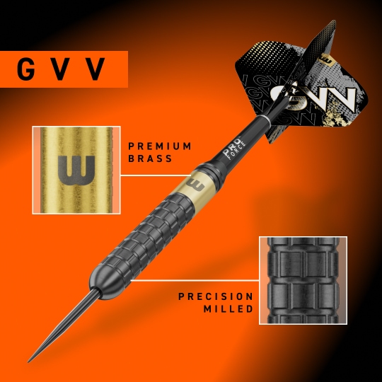 Winmau Gian Van Veen Core Brass Steeldarts - 21g Abgebildet sind Winmau Gian Van Veen Core Brass Steeldarts mit 21 Gramm. Das Foto zeigt den Dartpfeil in voller Länge.