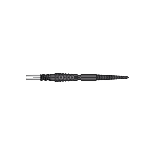 Target Swiss Storm LNC dart tips - Black Auf dem Bild ist eine schwarze Dartspitze mit geriffeltem Griff zu sehen. Sie ist lang und hat an einem Ende ein silbernes Verbindungsstück.