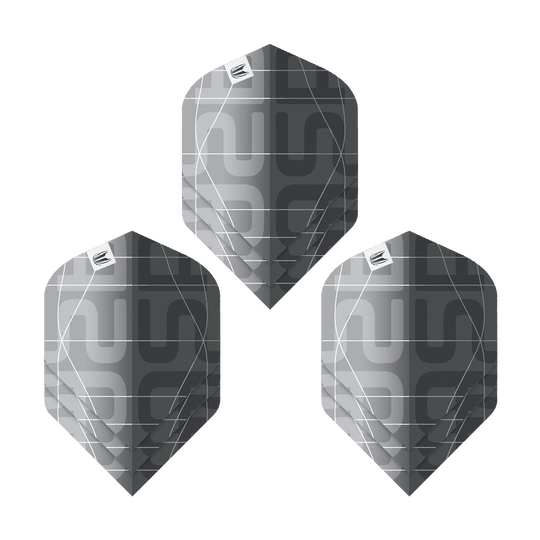 Target Pro Ultra Aspinall X Echo No2 Standard Flights - 3 sets Das Bild zeigt drei schwarze und graue Dartflights mit modernem Muster. Es handelt sich um das Produkt "Target Pro Ultra Aspinall X Echo No2 Standard Flights - 3 Sets".