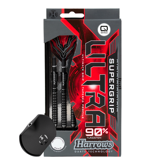 Harrows Supergrip Ultra Quick Point Steel Darts Hier wird das Harrows Supergrip Ultra Quick Point Steeldarts Set gezeigt. Die Features sind im Detail sichtbar.