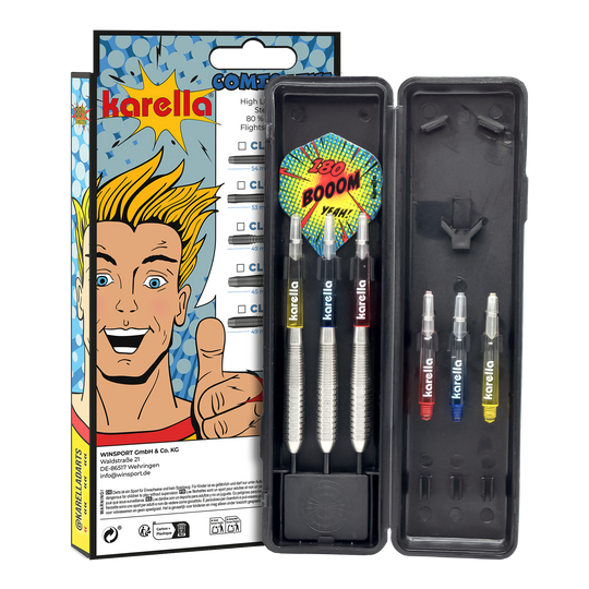 Abgebildet sind die Karella Comic Line CL-4 Steeldarts - 23g. Die Darts haben ein modernes Design und eine spezielle Gewichtsverteilung.