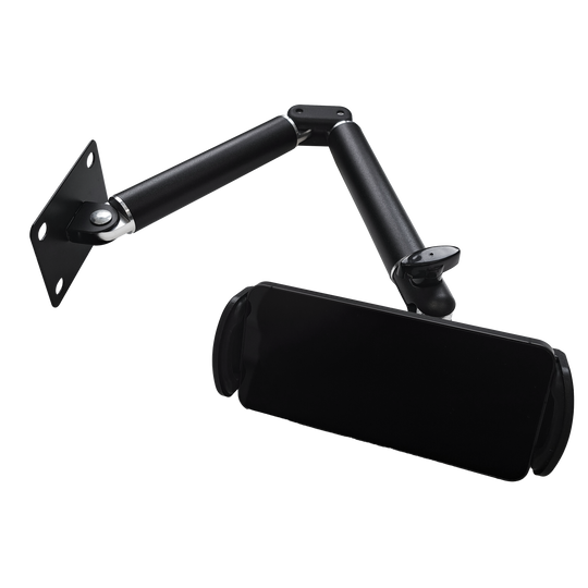 McDart TABFlex tablet wall mount with flexible arm Das Bild zeigt die McDart TABFlex Tablet Wandhalterung mit flexiblem Arm. Sie besteht aus schwarzem Metall und hat einen verstellbaren Arm zur Befestigung eines Tablets an der Wand.
