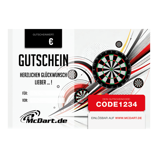 Voucher - Dartboards Das Bild zeigt einen Geschenkgutschein für Dartboards von McDart.de. Auf dem Gutschein sind mehrere Dartboards sowie ein Gutscheincode abgebildet.