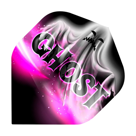 Mission Solo Bailey Marsh No2 Standard Flights Das Bild zeigt ein Dartflight mit einem Geistermotiv und dem Wort "GHOST" groß darüber geschrieben. Die Farben sind hauptsächlich Schwarz, Weiß und Pink.