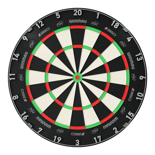 Winmau Blade 6 Triple Core 360 steel dartboard Das Bild zeigt das Winmau Blade 360 Steeldartboard. Es handelt sich um ein modernes Steeldartboard für Dartspieler.