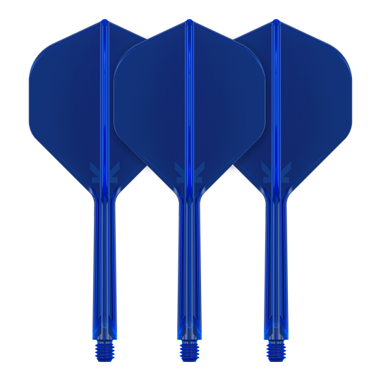 Target K-Flex No2 Standard Flight System - Blue Auf dem Bild sind drei blaue Dart-Flights mit Schaft zu sehen. Sie stehen nebeneinander und haben eine standardisierte Form.