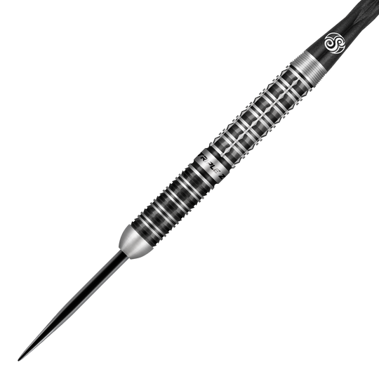 Shot Niels Zonneveld V2 steel darts Das Bild zeigt einen Shot Niels Zonneveld V2 Steeldart. Der Dart hat ein silber-schwarzes, geriffeltes Design für besseren Halt.