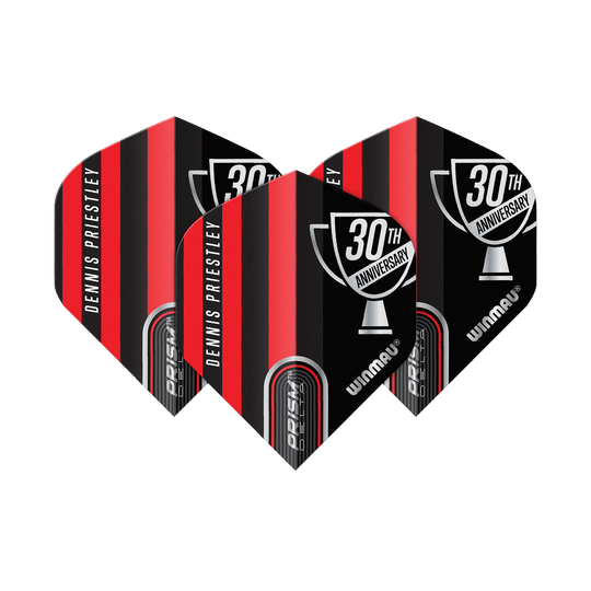 Winmau Prism Delta Dennis Priestley Diamond 3-Zero No2 Standard Flights Das Bild zeigt drei Dartflights der Marke Winmau in rot-schwarzem Design. Auf den Flights steht "Dennis Priestley" und "30th Anniversary".