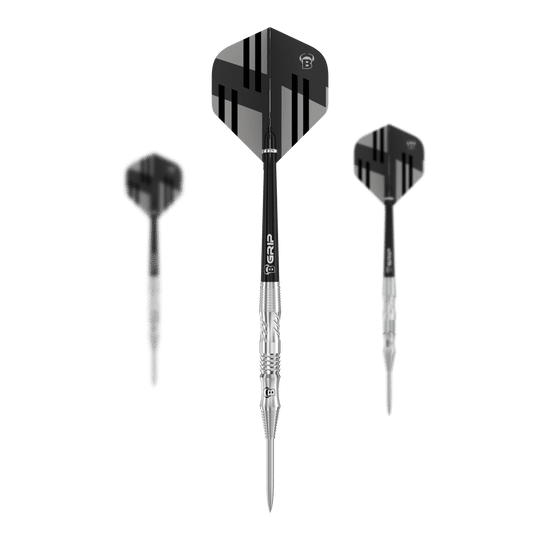 Bulls Tac T1 Steeldarts Das Bild zeigt drei Bulls Tac T1 Steeldarts mit silbernen Spitzen und schwarzem Flight. Die Flights haben ein modernes, schwarz-graues Streifendesign.