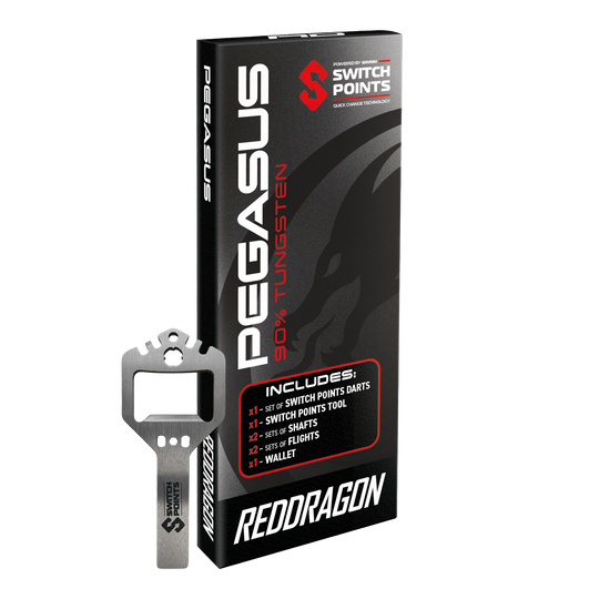 Red Dragon Pegasus Switch Point Steel Darts Das Bild zeigt die Red Dragon Pegasus Switch Point Steeldarts. Die Pfeile sind hochwertig verarbeitet und ideal für Turniere geeignet.