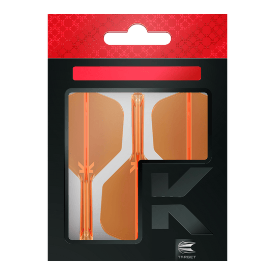 Die Verpackung zeigt drei neonorange Dart-Flights der Marke Target. Das Design ist modern mit einem schwarz-roten Hintergrund und einem großen "K" auf der Vorderseite.
