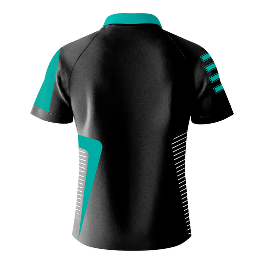 Bulls Team Dart Shirt - Mint Das Bild zeigt das "Bulls Team Dartshirt - Mint" von hinten. Das Shirt ist überwiegend schwarz mit mintfarbenen und weißen Akzenten.