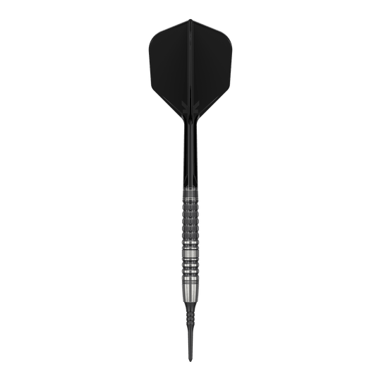Target Japan Black Marque Lumiere GEN3 Soft Darts - 18.5g Das Bild zeigt einen Softdart mit schwarzer Spitze, schwarzem Shaft und Flight sowie einem silbernen, strukturierten Barrel. Es handelt sich um den "Target Japan Black Marque Lumiere GEN3 Softdarts - 18,5g".