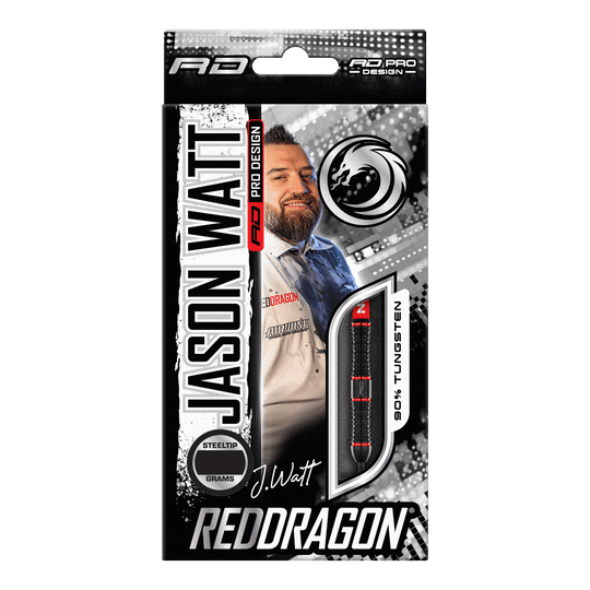 Red Dragon Jason Watt Steel Darts - 22g Die Abbildung zeigt die Verpackung der "Red Dragon Jason Watt Steeldarts - 22g". Auf der Vorderseite sind ein Bild von Jason Watt, der Dartpfeil und das Red Dragon-Logo zu sehen.