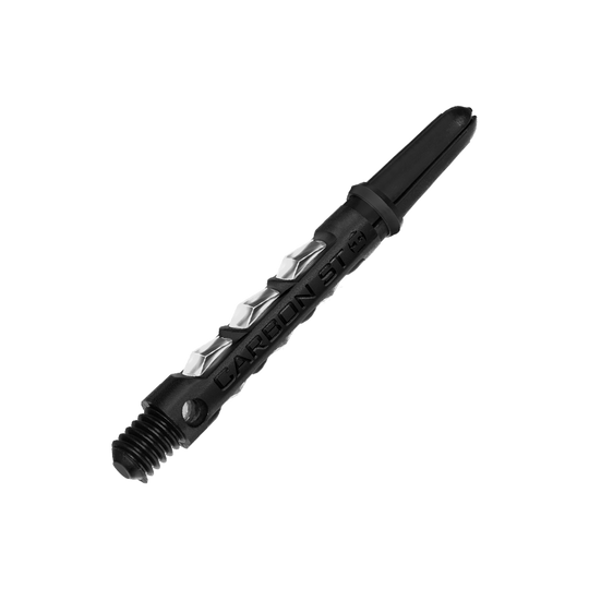 Das Bild zeigt einen Harrows Carbon ST Shafts - Clear für Darts. Der Schaft ist schwarz und hat ein modernes, strukturiertes Design.