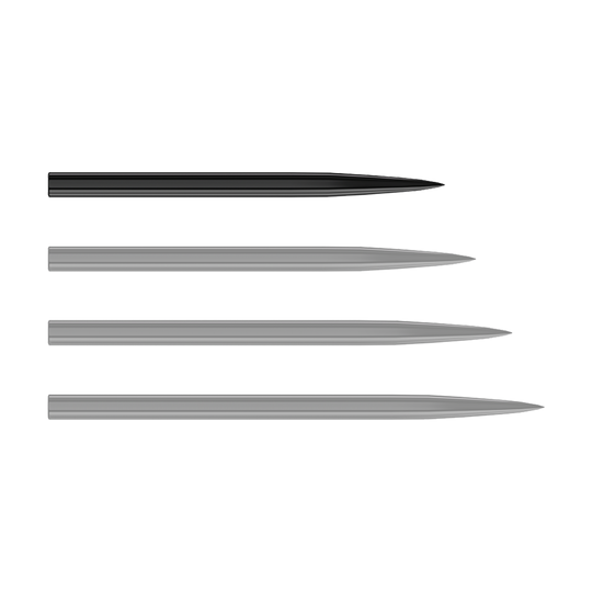 Harrows steel dart tips - black Auf dem Bild sind vier schwarze Steeldartspitzen zu sehen, die nebeneinander liegen. Sie sind schlank und jeweils an einem Ende spitz zulaufend.