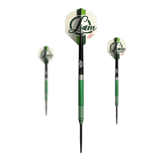 Bulls NL Liam Maendl Lawrance Steeldarts - 23g Das Bild zeigt drei Steeldarts des Modells "Bulls NL Liam Maendl Lawrance Steeldarts - 23g". Die Darts haben grüne Akzente und zeigen den Namen "Liam" auf den Flights.
