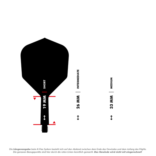 Target K-Flex No2 Standard Flight System - Blue Das Bild zeigt drei verschiedene Längen von Dart-Schäften: 19 mm (Short), 26 mm (Intermediate) und 33 mm (Medium). Die roten Linien markieren die Messpunkte zwischen dem Ende des Gewindes und dem Anfang des Flights.