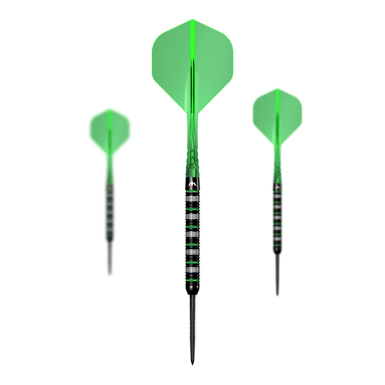 Mission Moldavite Steel Darts - 23g Auf diesem Bild ist ein Set der Mission Moldavite Steeldarts - 23g zu sehen. Das Set besteht aus mehreren Dartpfeilen.