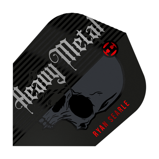 Harrow's Ryan Searle Heavy Metal Series 2 Flights Das Bild zeigt ein Dart-Flight mit dem Aufdruck "Heavy Metal" und einem Totenkopf-Design. Unten rechts steht in roten Buchstaben der Name "Ryan Searle".