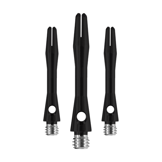 Das Bild zeigt drei Harrows Keramic Shafts in Matt Schwarz. Die Shafts haben eine glatte Oberfläche und ein silbernes Schraubgewinde.
