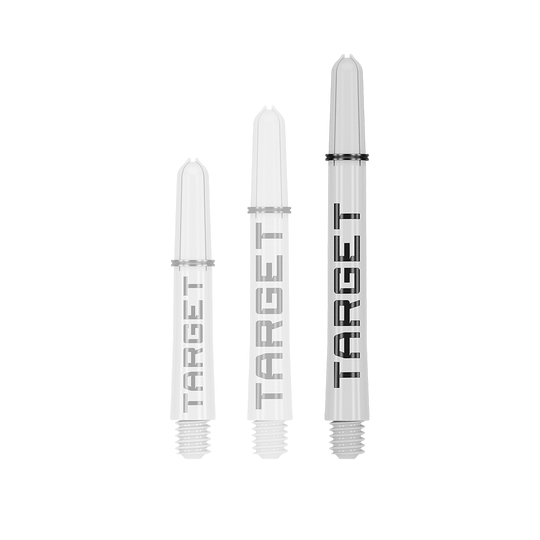 Target Pro Grip TAG Shafts - 3 Sets - White Auf dem Bild sind drei weiße Dartschäfte in unterschiedlichen Längen zu sehen. Auf jedem Schaft steht das Wort "TARGET" in schwarzen Buchstaben.