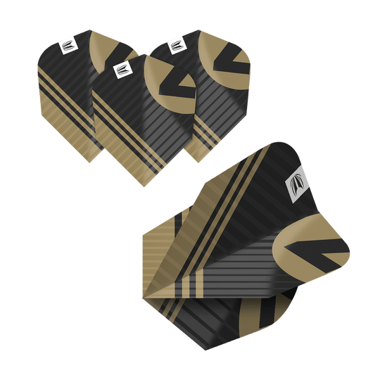 337206_Target_ProUltra_5Sets_Multipack_Chicane_Ten-X_Flights_6WG72nwjPOjvlR Das Bild zeigt fünf Sets der "Target Pro Ultra Chicane Multipack Ten-X Flights". Die Flights sind schwarz mit goldenen Streifen und einem auffälligen Design.