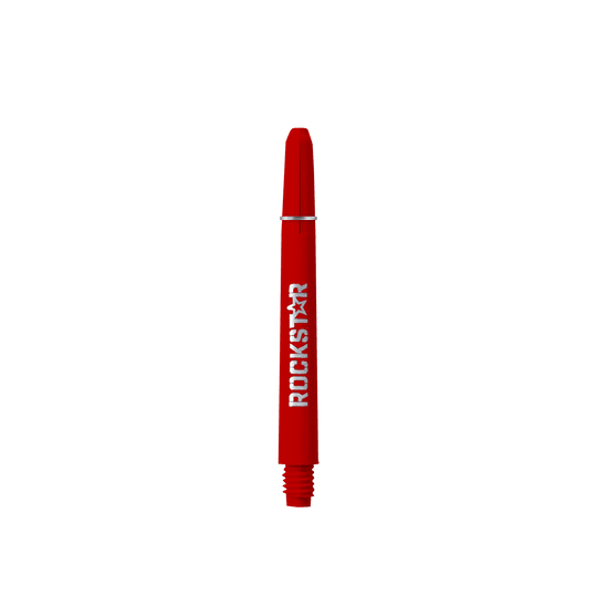 Das Bild zeigt einen roten Schaft mit der Aufschrift "ROCKSTAR". Es handelt sich um das Produkt "Rockstar Shafts - 49mm".