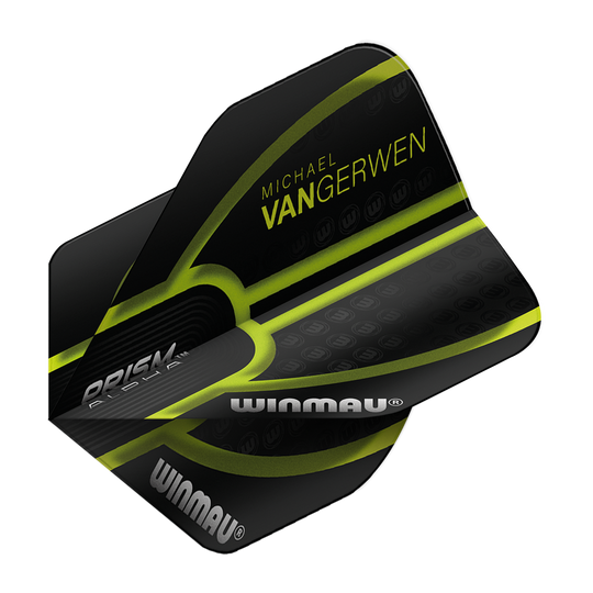 6915-143_Winmau_Prism_Alpha_MvG_Black_Green_V1_Standard_Flights_2 Das Bild zeigt einen schwarzen Dartflight mit grünen Akzenten der Marke Winmau. Auf dem Flight steht "Michael van Gerwen" sowie "Prism Alpha" und "Winmau".