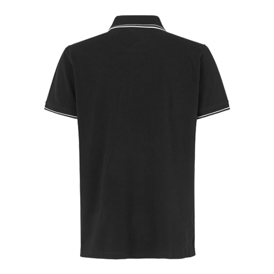 Barrels and Shafts Polo Shirt - Black Das Bild zeigt ein schwarzes Poloshirt mit kurzen Ärmeln. Am Kragen und an den Ärmeln sind weiße Zierstreifen sichtbar.