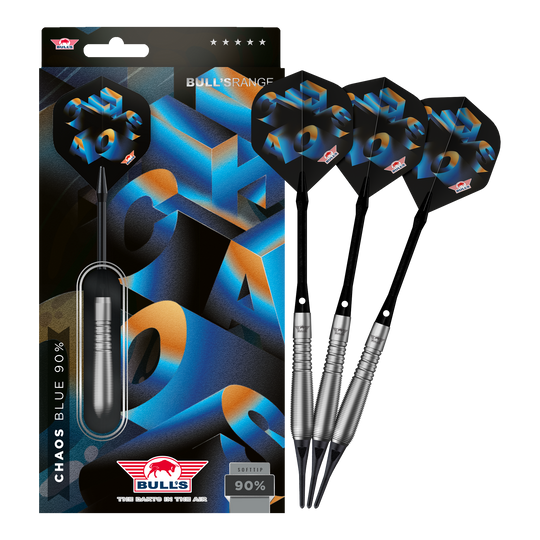 Das Foto präsentiert Bulls NL Chaos Blue Softdarts mit 19g Gewicht in ihrer vollen Länge. Die Softdarts sind in auffälligem Blau gehalten.