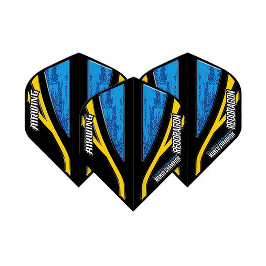 Das Bild zeigt drei Dartflights mit dem Namen "Red Dragon Airwing Luke Humphries World Champion Black Blue Standard Flights". Die Flights sind überwiegend blau und schwarz mit gelben Akzenten und weißer Schrift.