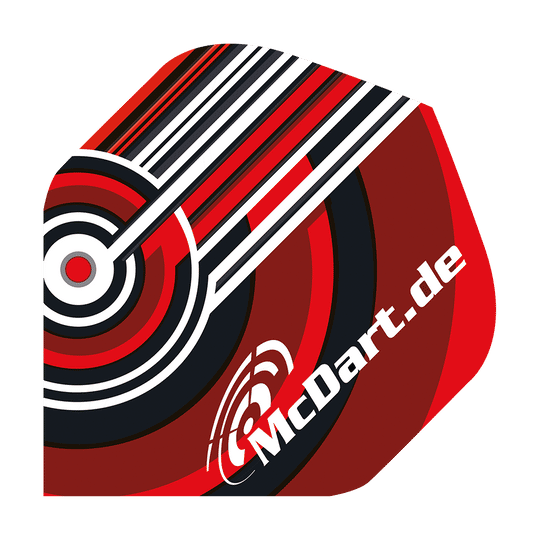 McDart Design V4 Standard Flights Das Bild zeigt das Produkt "McDart Design V4 Standard Flights". Das Flight-Design ist in Rot, Schwarz und Weiß gehalten und trägt die Aufschrift "McDart.de".