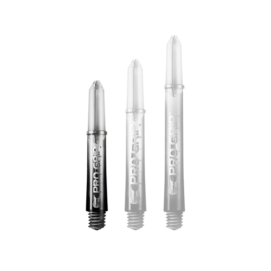 Target Pro Grip Vision Shafts - 3 Sets - Black Auf dem Bild sind drei schwarze Dartschäfte in unterschiedlicher Länge zu sehen. Auf jedem Schaft steht der Schriftzug „PRO GRIP“.