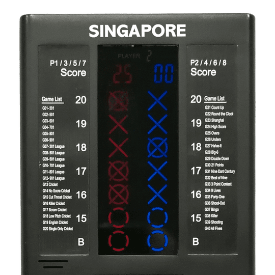 693_QD7800260_XQMax_Singapore_Darts_Counter_2 Das Bild zeigt den XQMax Singapore Darts Counter, ein elektronisches Anzeigegerät für Dartspiele. Es besitzt eine digitale Anzeige für die Punktestände sowie eine Übersicht verschiedener Spielmodi auf beiden Seiten des Displays.