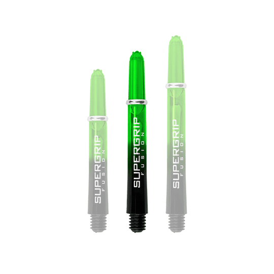 HR340_Harrows_Supergrip_Fusion_Shafts_Gr-n_40mm_1n51RZL1WLzsbA Das Bild zeigt drei grüne Harrows Supergrip Fusion Shafts in unterschiedlichen Längen. Die Schrift "SUPERGRIP FUSION" ist deutlich auf jedem Shaft zu sehen.