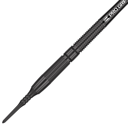 210322_Target_Gabriel_Clemens_Black_Edition_Softdarts_2 Auf dem Bild ist ein schwarzer Softdart der Marke Target Gabriel Clemens Black Edition – 19g zu sehen. Der Dart hat eine strukturierte Griffzone und eine schwarze Kunststoffspitze.