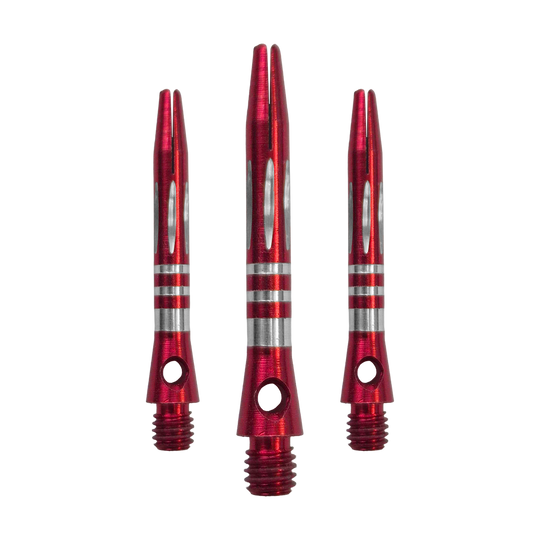 Das Bild zeigt ein Set der Ringed Diamond Cut Aluminium Shafts - Rot - 35 mm. Mehrere rote Aluminium-Dartschäfte liegen nebeneinander.