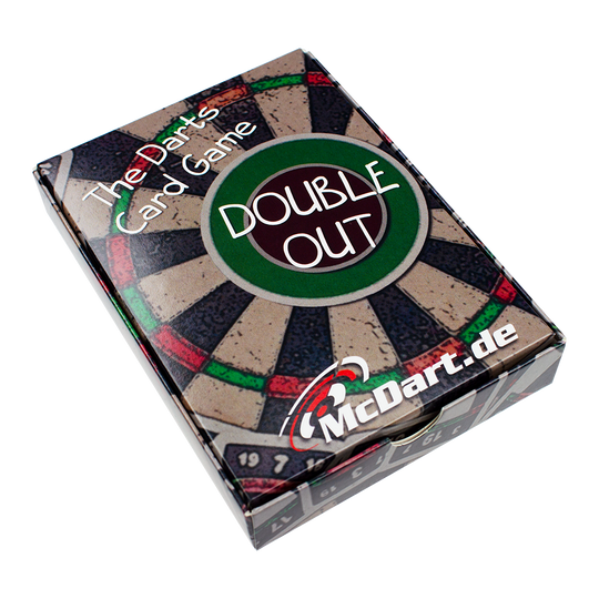5172_McDart_Double_Out_Darts_Card_Game_1 Auf dem Bild ist das Kartenspiel "Double Out" von McDart abgebildet. Die Verpackung zeigt ein Dartboard-Design mit dem Schriftzug "The Darts Card Game".