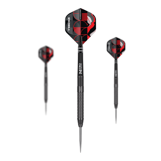 Red Dragon T-800 Steeldarts Das Bild zeigt drei Red Dragon T-800 Steeldarts mit schwarzem Schaft und rot-schwarzen Flights. Die Darts sind modern und robust gestaltet, ideal für Präzisionswürfe.