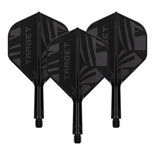 Target K-Flex Black No2 Standard Flights Das Foto zeigt ein Set Target K-Flex Black No2 Standard Flights in 19 mm. Die Flights sind nebeneinander präsentiert.