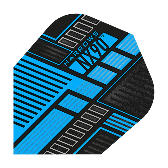 HR48_Harrows_Prime_NX90_Blue_No6_Flights_1TRyAOKqNIP8bj Das Bild zeigt das Produkt "Harrows Prime NX90 Blue Flights". Das Design ist modern mit schwarzen, blauen und silbernen geometrischen Linien und Mustern.