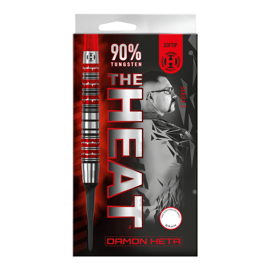 Harrow's Damon Heta Series 3 soft darts Die Abbildung zeigt die Verpackung der "Harrows Damon Heta Series 3 Softdarts". Auf der Verpackung stehen "90% Tungsten" und ein Porträt von Damon Heta im Hintergrund.