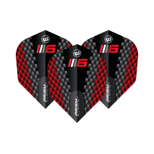 Das Bild zeigt drei Dart-Flights des Modells "Winmau Prism Alpha Blade 6 Chevron No6". Die Flights haben ein schwarzes Design mit roten und silbernen Karomustern sowie der Aufschrift „6“ und „PRISM ALPHA“.