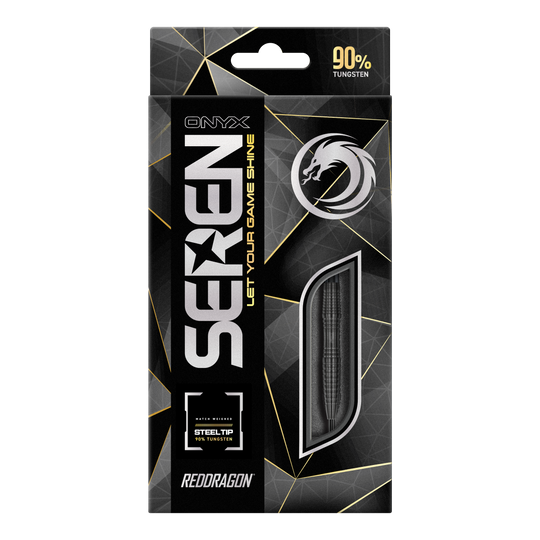 Red Dragon Seren 3 Onyx Steeldarts Die Abbildung zeigt die Verpackung der "Red Dragon Seren 3 Onyx Steeldarts". Auf der Schachtel steht, dass die Darts aus 90% Tungsten bestehen.