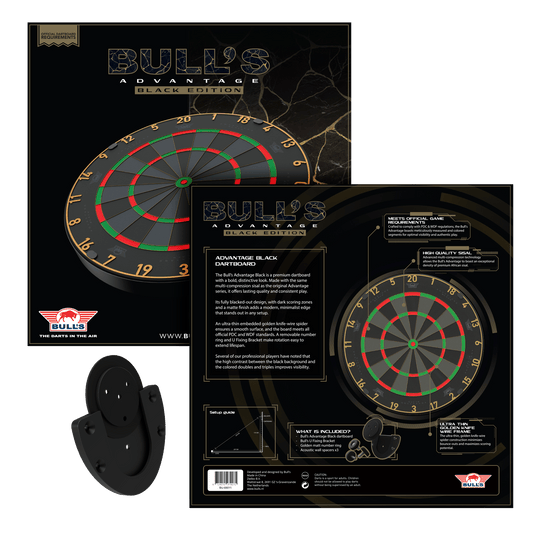 Bulls NL Advantage Black Edition steel dartboard Das Bild zeigt das Bulls NL Advantage Black-Edition Steeldartboard. Dies ist eine schwarze Dartscheibe für Steeldart-Spiele.